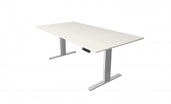 Elektrisch höhenverstellbarer Schreibtisch 200x100 in weiß mit silberfarbenem Tischgestell
