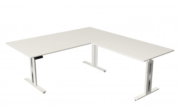 Elektrisch höhenverstellbarer Winkelschreibtisch 200x220 in weiß mit weißem Tischgestell